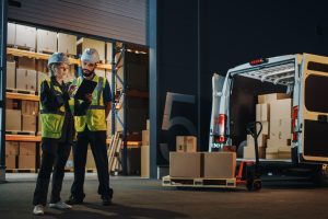 outside logistics distributions warehouse with manager using tablet computer diverse workers loading delivery truck with cardboard boxes online orders purchases ecommerce goods scaled